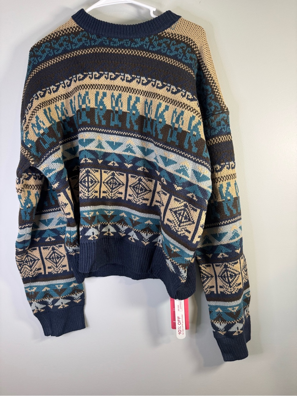 Romwe Patterned Crewneck Sweater - Navy & Beige Womens large